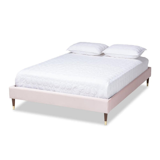 Volden Glam and Luxe Light Pink Velvet Fabric Upholstered Queen Size Wood Platform Bed Frame with Gold-Tone Leg Tips FredCo