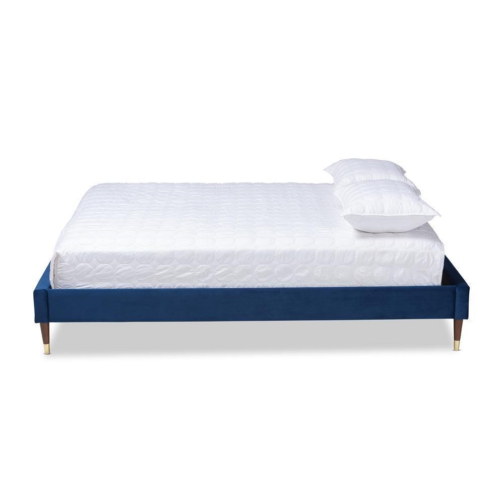Volden Glam and Luxe Navy Blue Velvet Fabric Upholstered Full Size Wood Platform Bed Frame with Gold-Tone Leg Tips FredCo