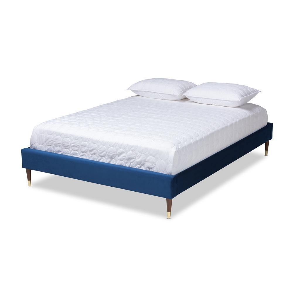 Volden Glam and Luxe Navy Blue Velvet Fabric Upholstered Queen Size Wood Platform Bed Frame with Gold-Tone Leg Tips FredCo