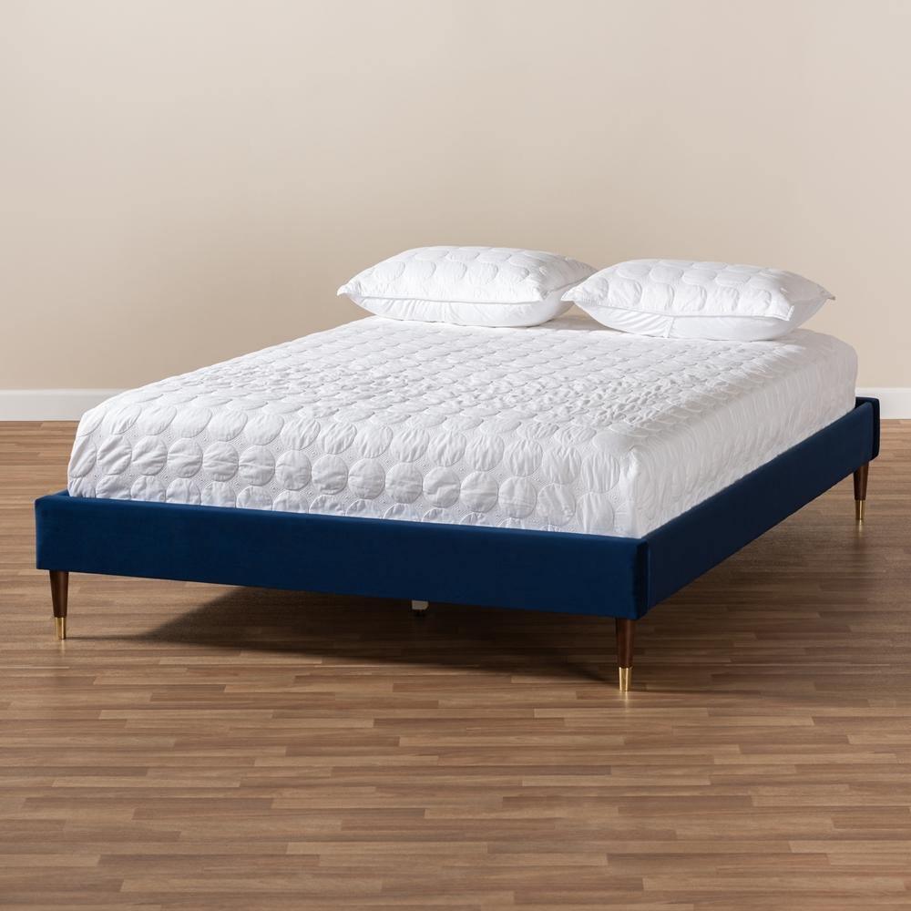 Volden Glam and Luxe Navy Blue Velvet Fabric Upholstered Queen Size Wood Platform Bed Frame with Gold-Tone Leg Tips FredCo