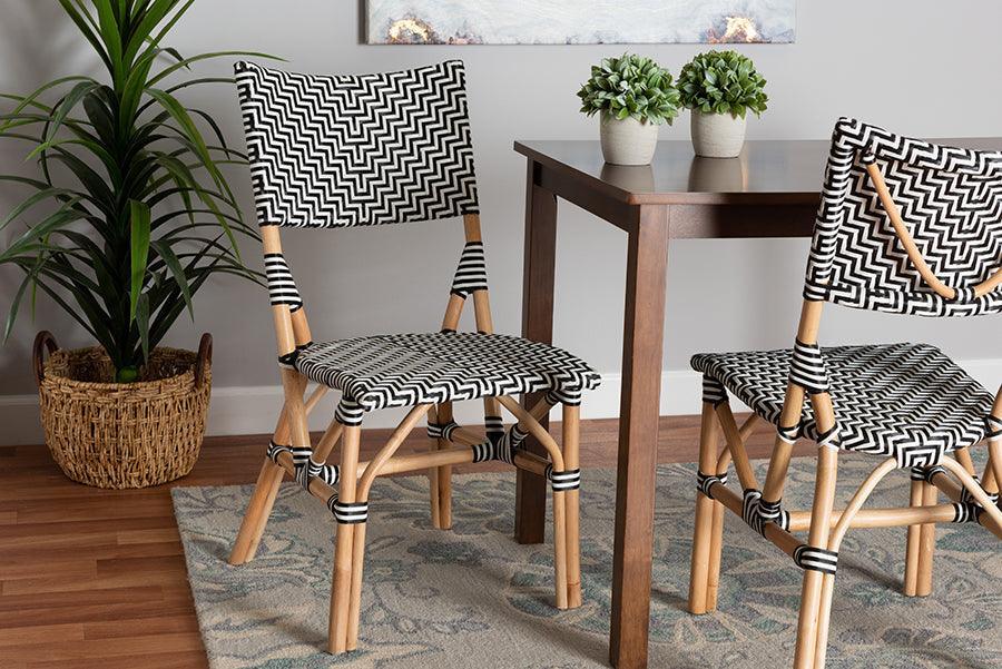 Wagner Modern French Black and White Weaving and Natural Rattan Bistro Chair FredCo