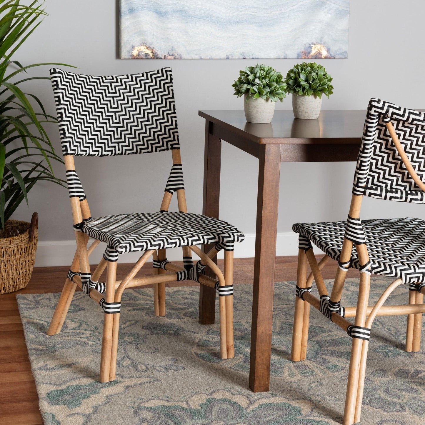Wagner Modern French Black and White Weaving and Natural Rattan Bistro Chair FredCo