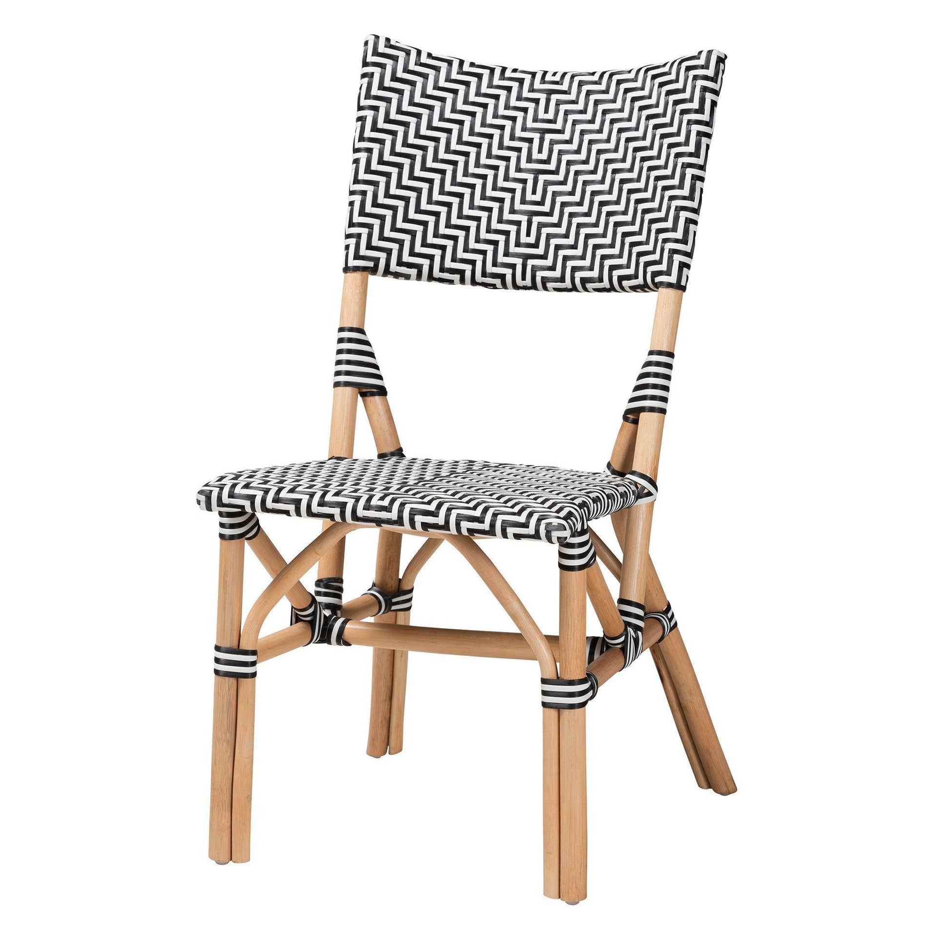 Wagner Modern French Black and White Weaving and Natural Rattan Bistro Chair FredCo