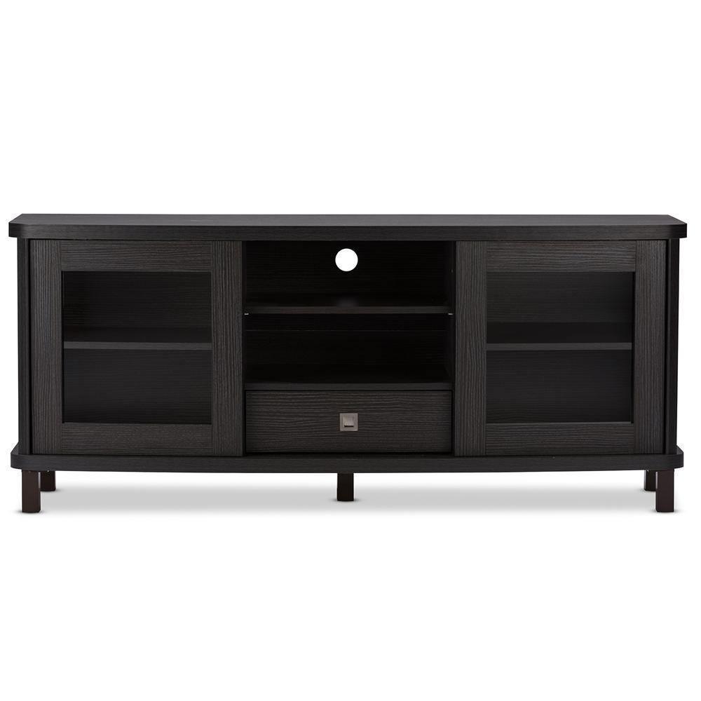 Walda 60-Inch Greyish Dark Brown Wood TV Cabinet with 2 Sliding Doors and 1 Drawer FredCo
