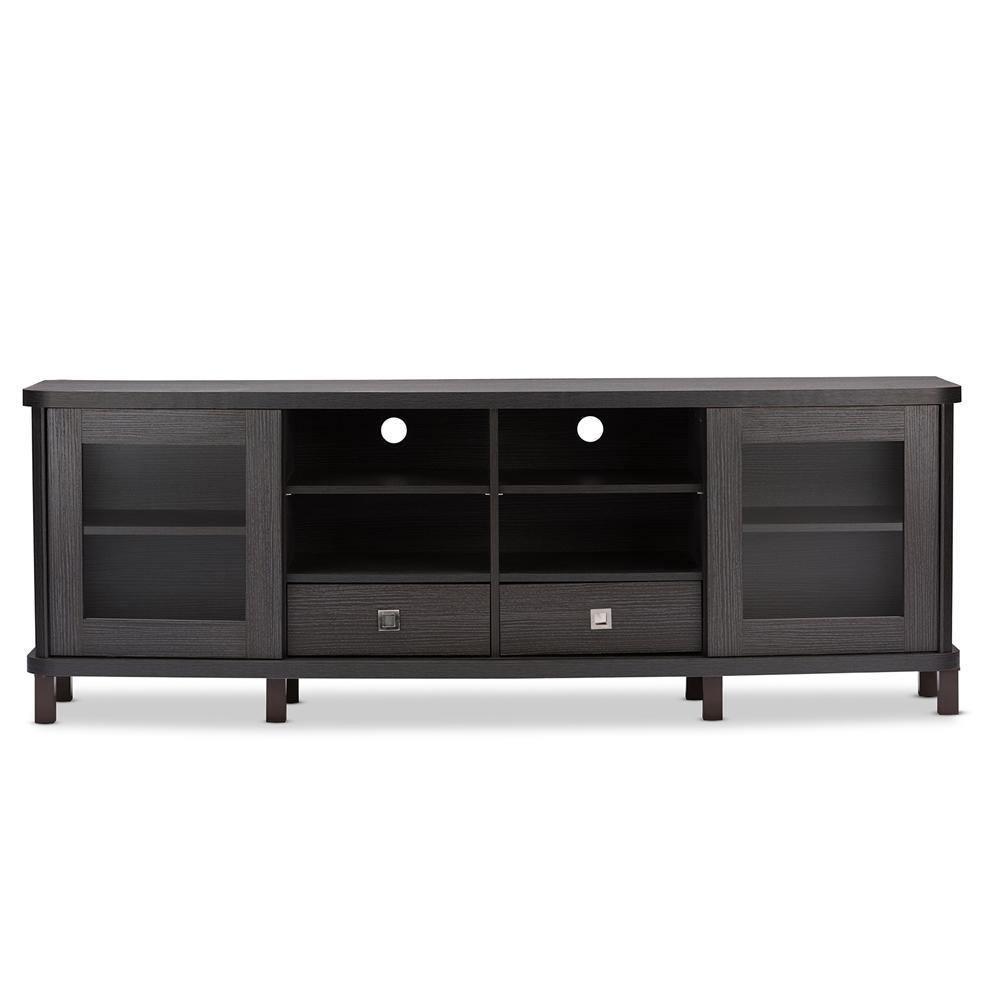 Walda 70-Inch Greyish Dark Brown Wood TV Cabinet with 2 Sliding Doors and 2 Drawers FredCo