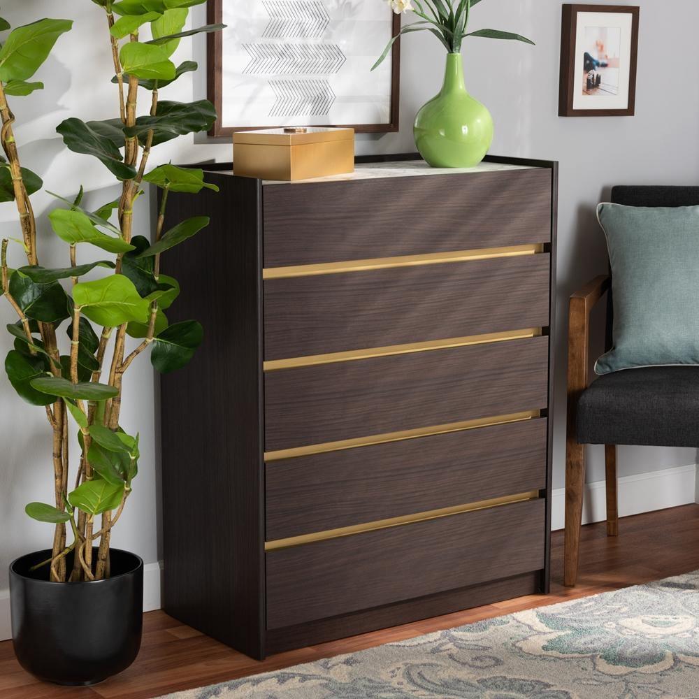 Walker Modern and Contemporary Dark Brown and Gold Finished Wood 5-Drawer Chest with Faux Marble Top FredCo