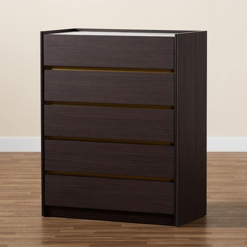 Walker Modern and Contemporary Dark Brown and Gold Finished Wood 5-Drawer Chest with Faux Marble Top FredCo