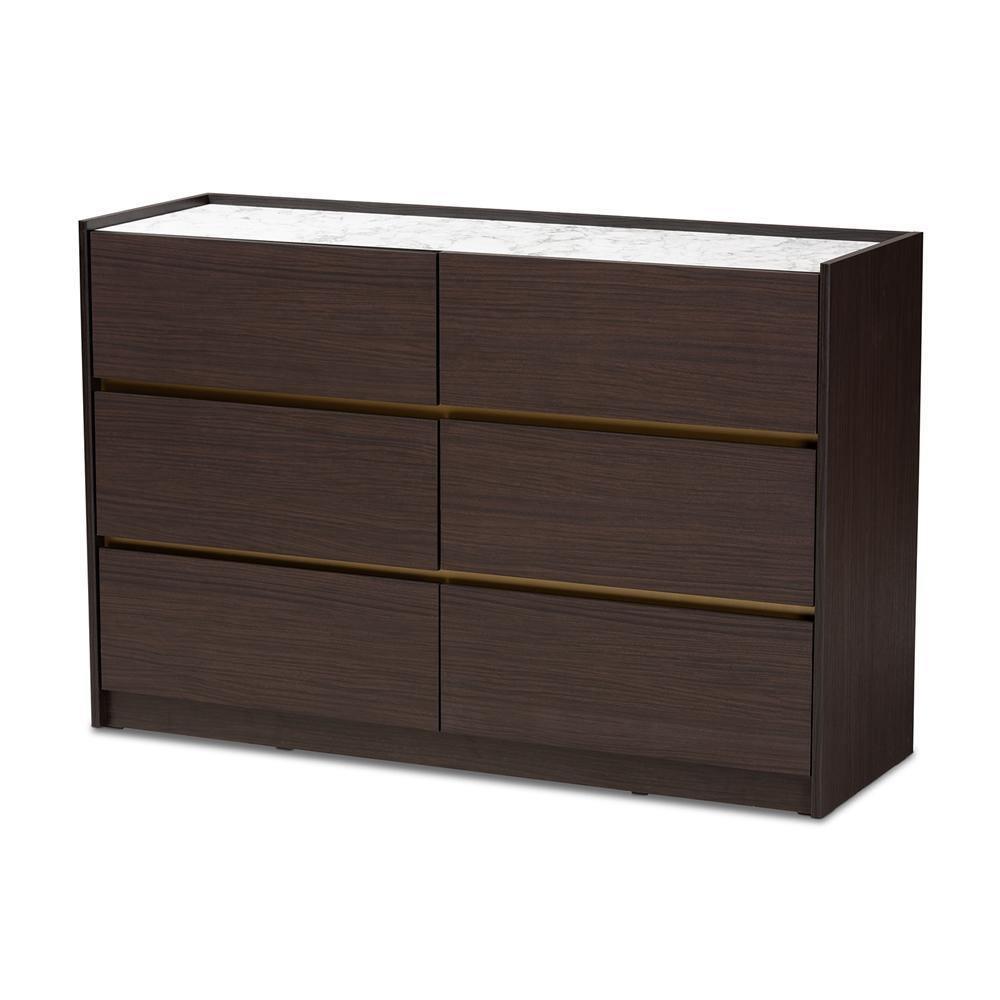 Walker Modern and Contemporary Dark Brown and Gold Finished Wood 6-Drawer Dresser with Faux Marble Top FredCo