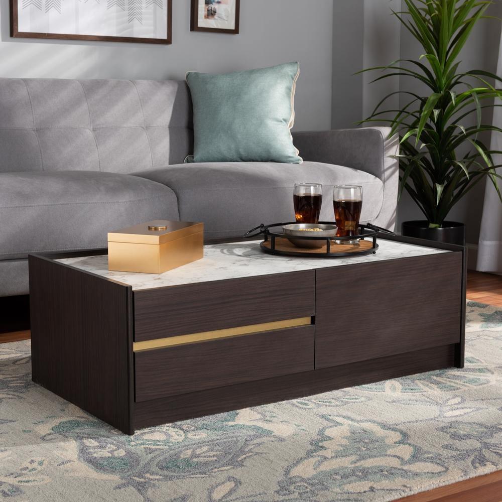 Walker Modern and Contemporary Dark Brown and Gold Finished Wood Coffee Table with Faux Marble Top FredCo