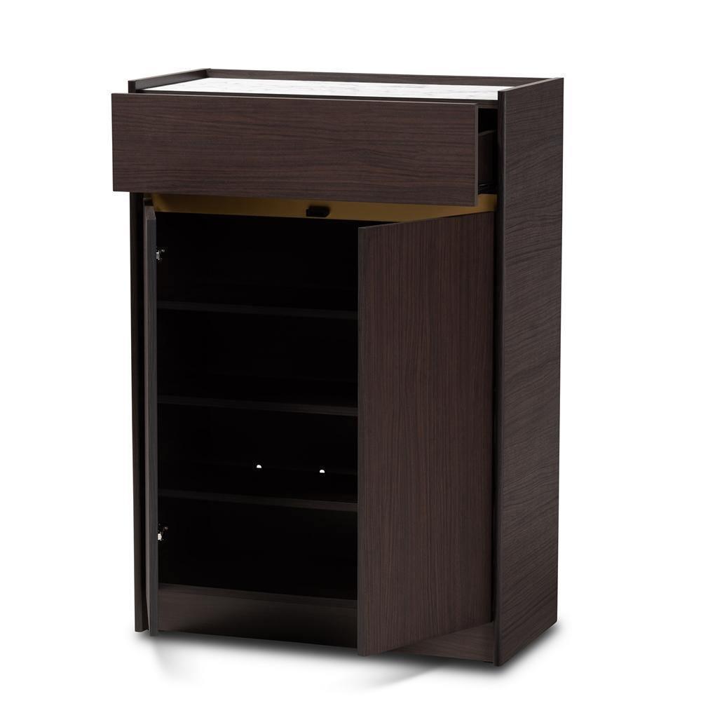 Walker Modern and Contemporary Dark Brown and Gold Finished Wood Shoe Cabinet with Faux Marble Top FredCo