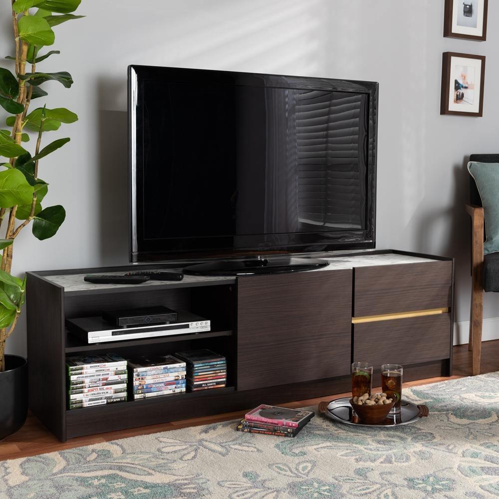 Walker Modern and Contemporary Dark Brown and Gold Finished Wood TV Stand with Faux Marble Top FredCo
