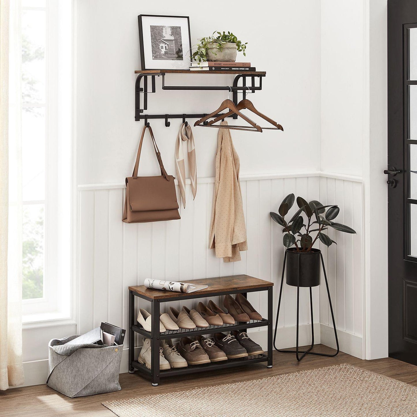 Wall-Mounted Coat Rack with Hanging Rod, Rustic Brown FredCo