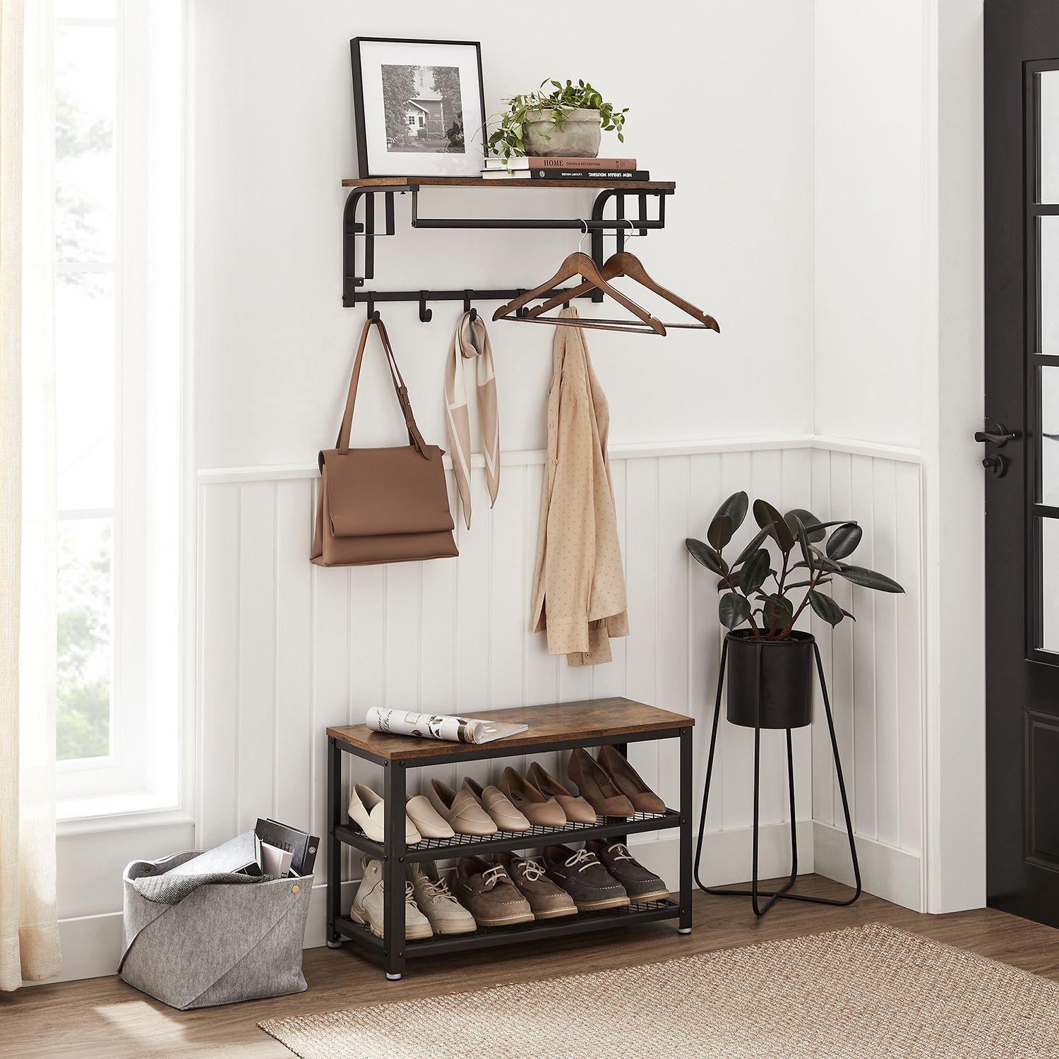 Wall-Mounted Coat Rack with Hanging Rod, Rustic Brown FredCo
