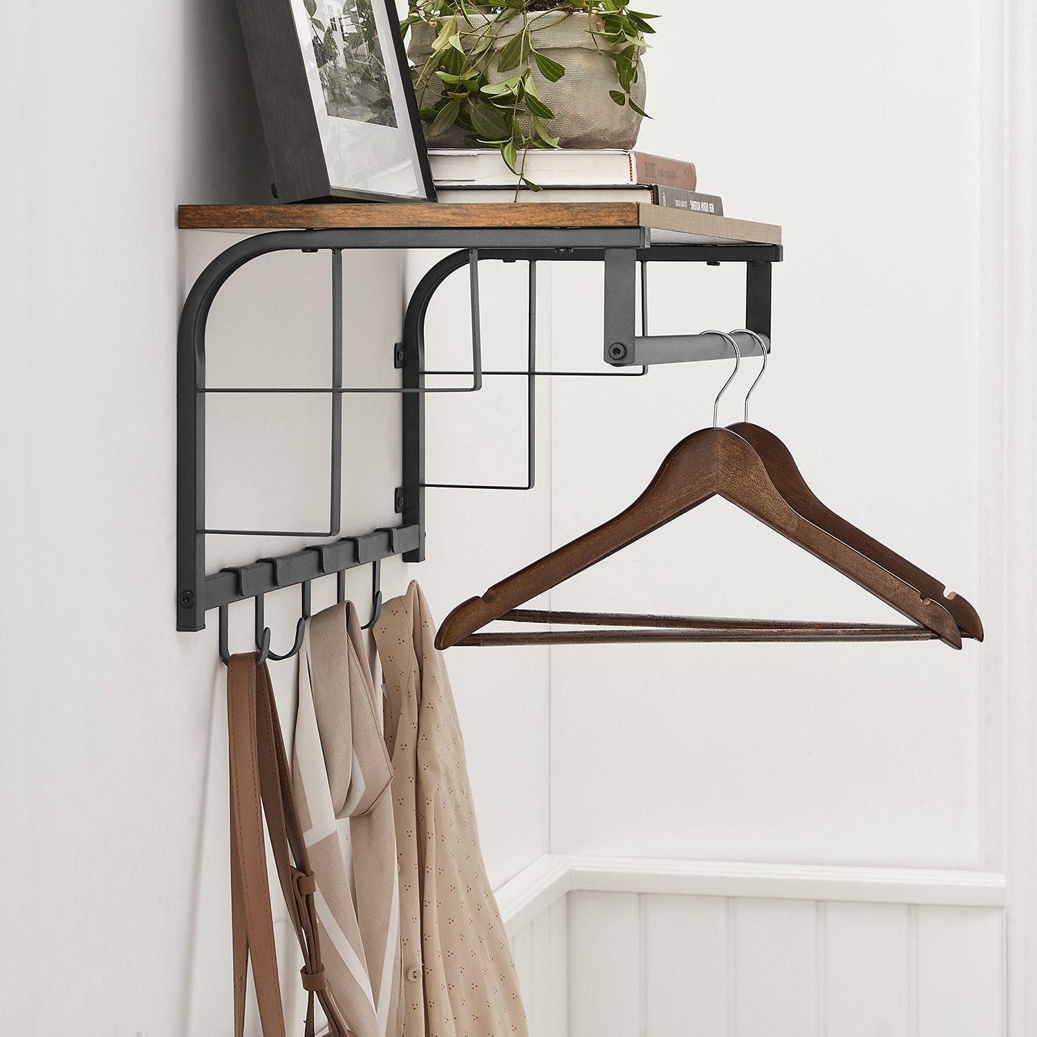 Wall-Mounted Coat Rack with Hanging Rod, Rustic Brown FredCo