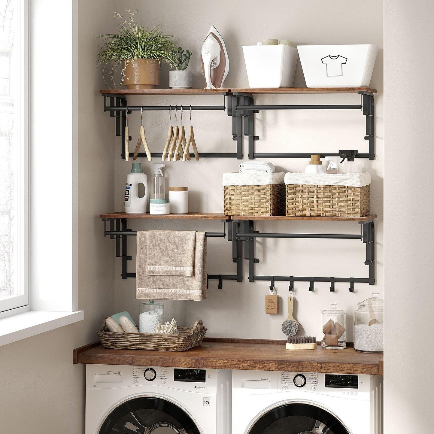 Wall-Mounted Coat Rack with Hanging Rod, Rustic Brown FredCo