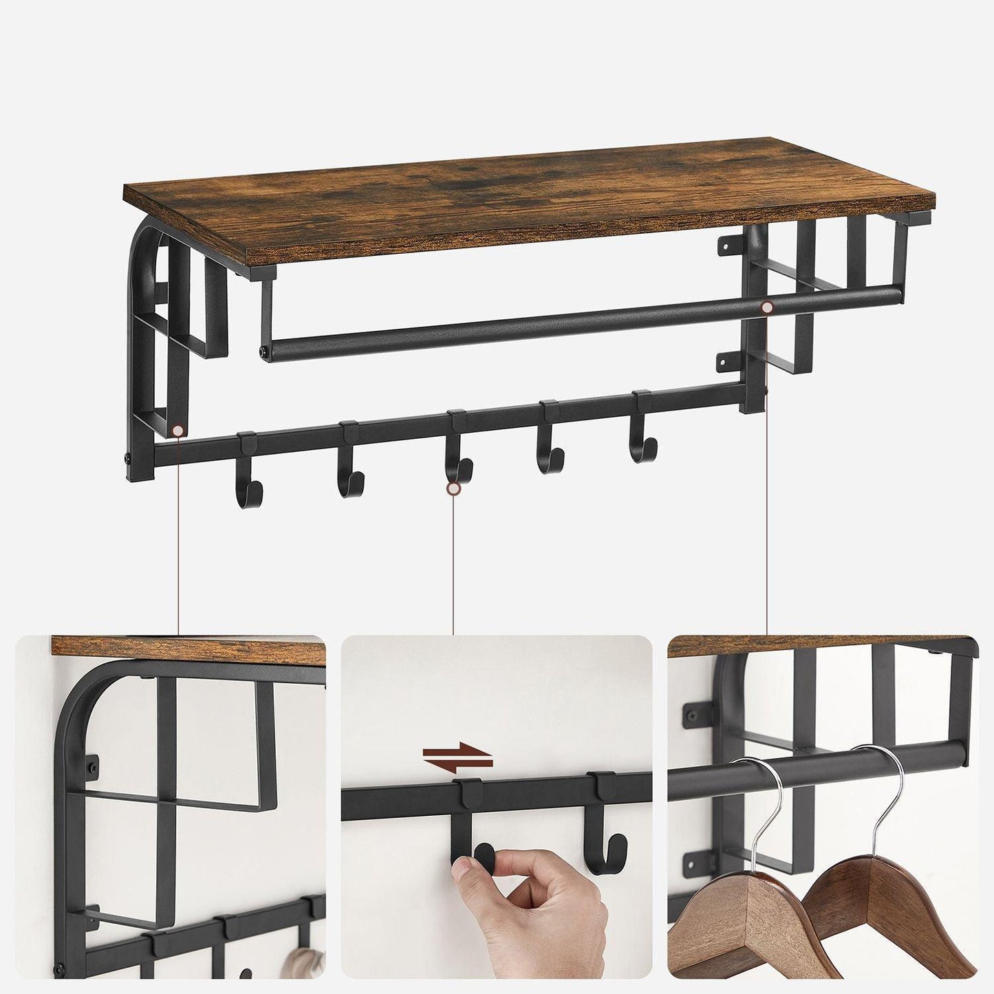 Wall-Mounted Coat Rack with Hanging Rod, Rustic Brown FredCo