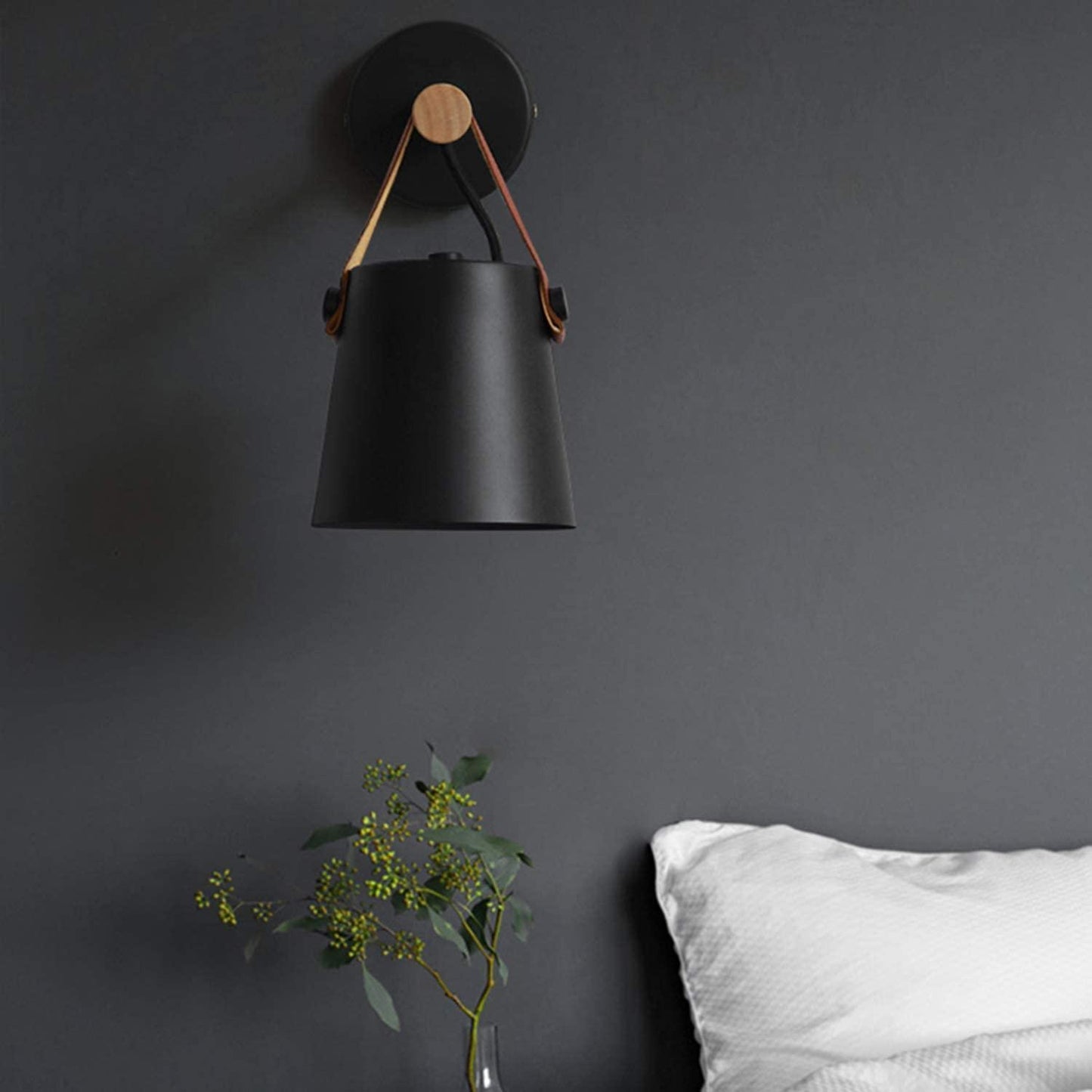 Wall Sconce Lighting Fixture,Black and White Wall lamp Brown Leather and Wood FredCo