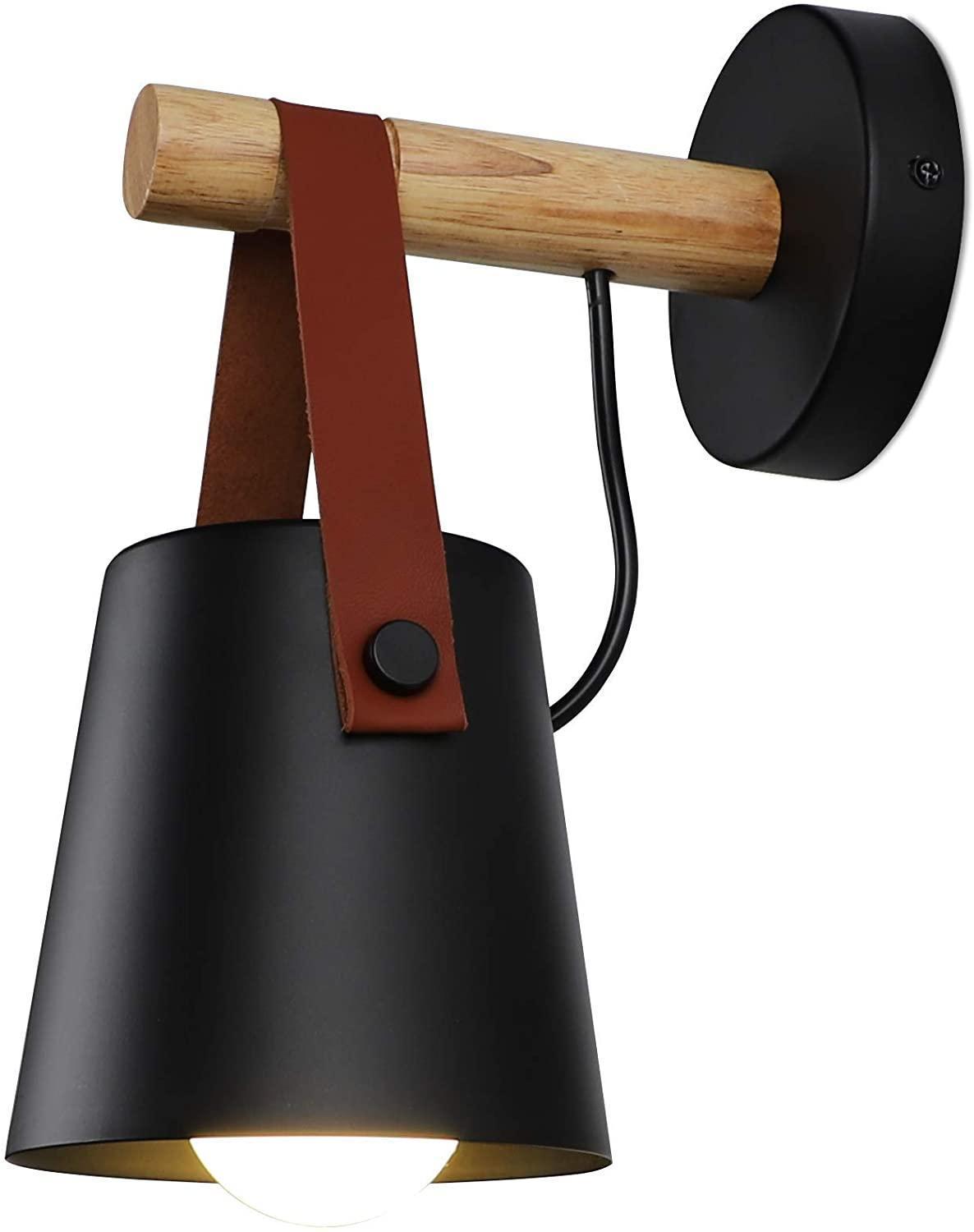 Wall Sconce Lighting Fixture,Black and White Wall lamp Brown Leather and Wood FredCo