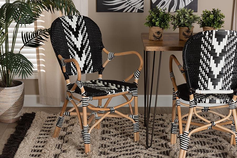 Wallis Modern French Two-Tone Black and White Weaving and Natural Rattan Indoor Dining Chair FredCo