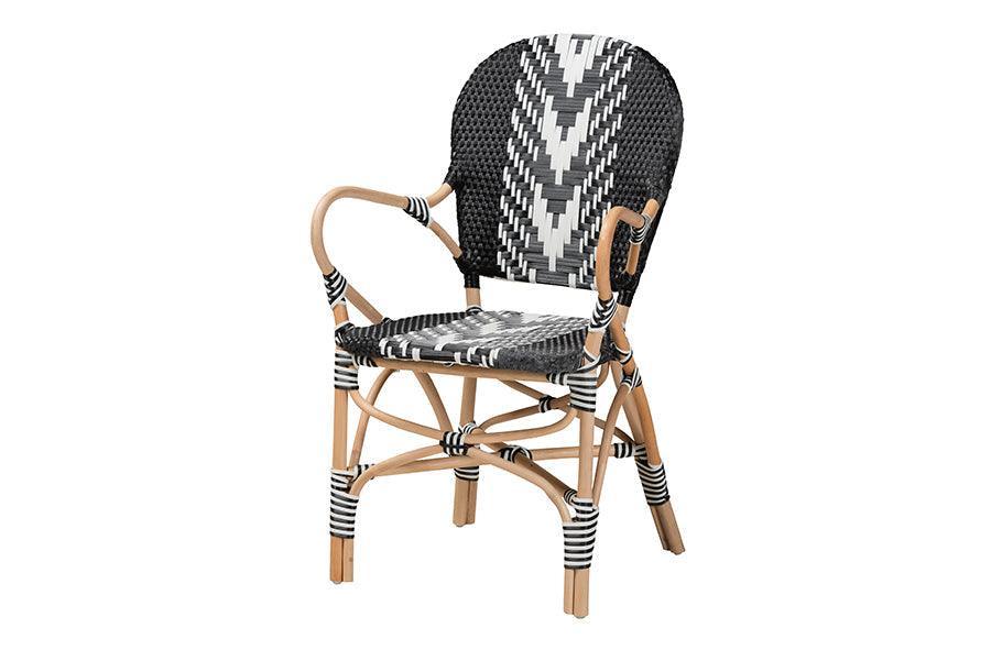 Wallis Modern French Two-Tone Black and White Weaving and Natural Rattan Indoor Dining Chair FredCo