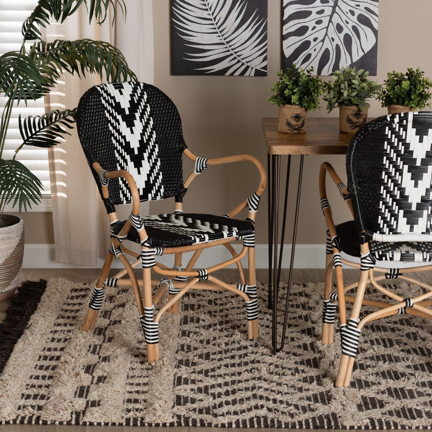 Wallis Modern French Two-Tone Black and White Weaving and Natural Rattan Indoor Dining Chair FredCo