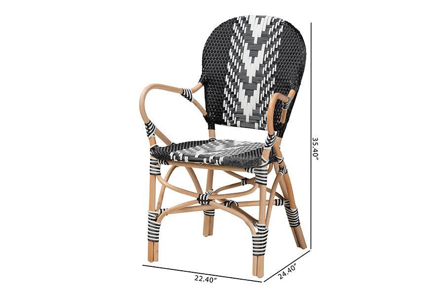 Wallis Modern French Two-Tone Black and White Weaving and Natural Rattan Indoor Dining Chair FredCo