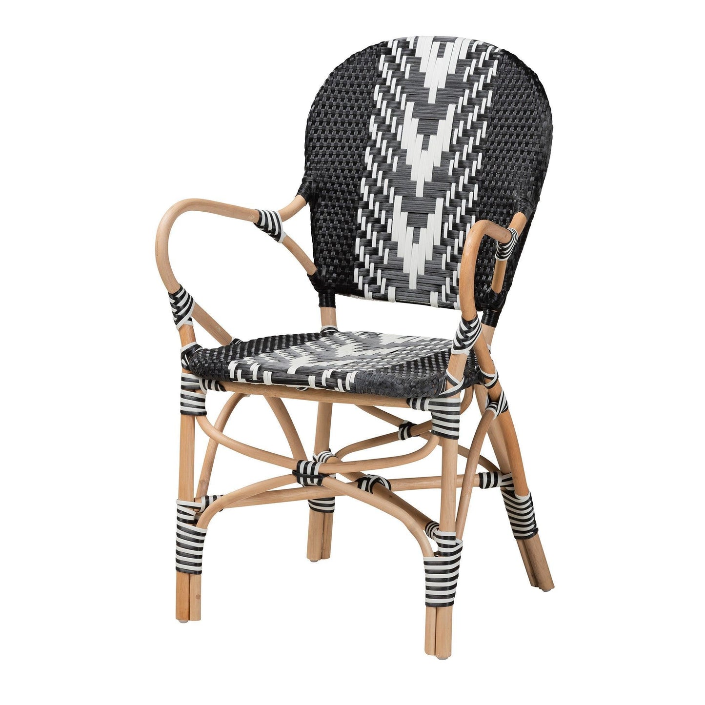 Wallis Modern French Two-Tone Black and White Weaving and Natural Rattan Indoor Dining Chair FredCo
