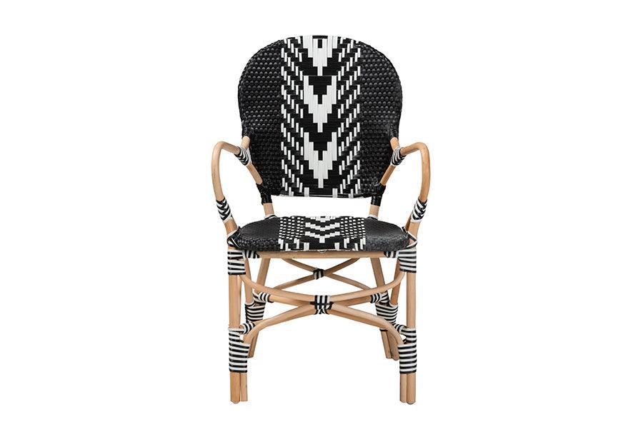 Wallis Modern French Two-Tone Black and White Weaving and Natural Rattan Indoor Dining Chair FredCo