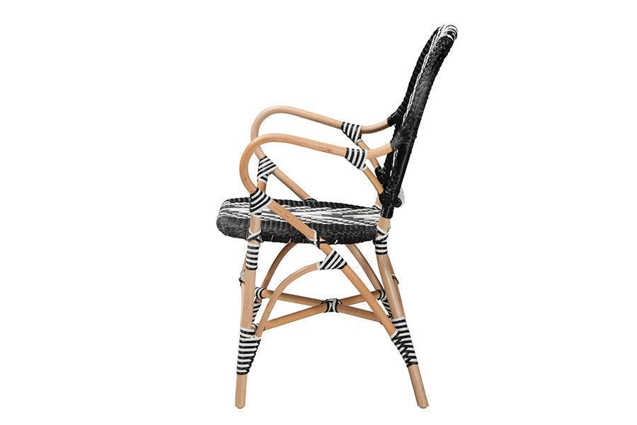 Wallis Modern French Two-Tone Black and White Weaving and Natural Rattan Indoor Dining Chair FredCo