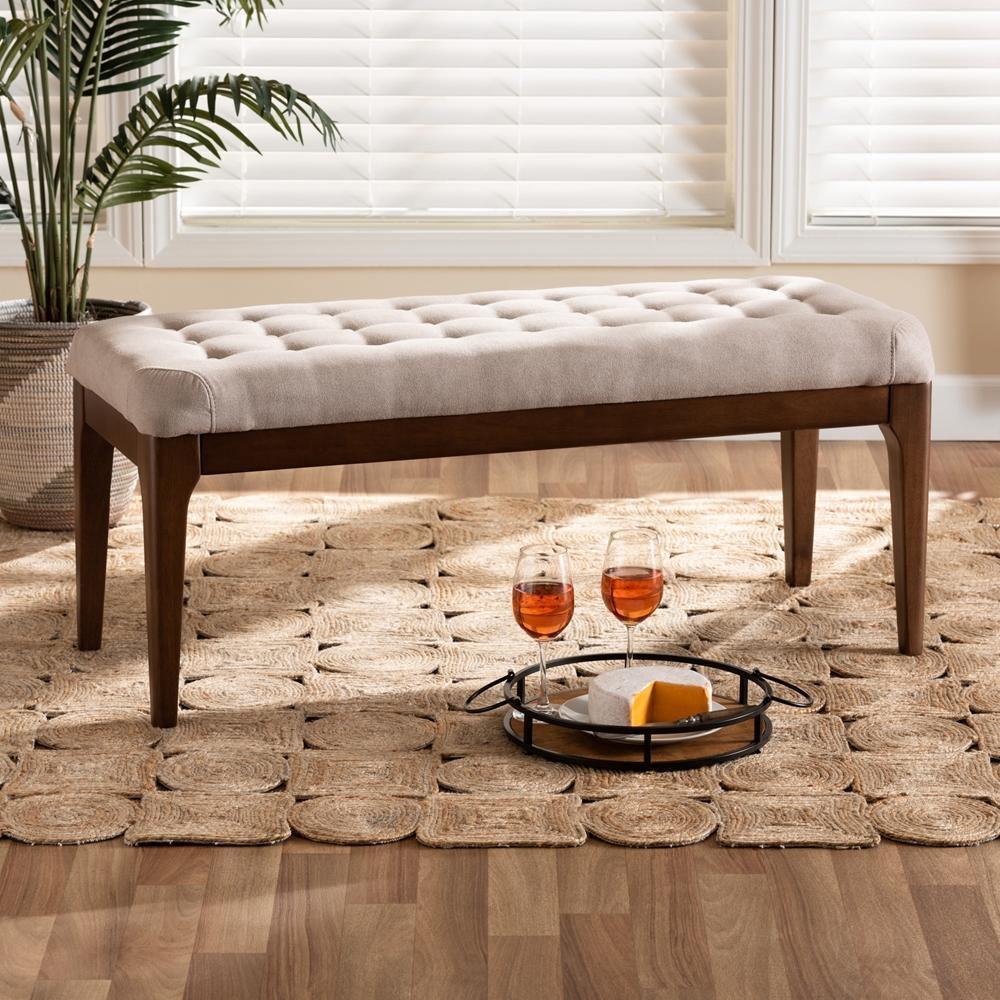 Walsh Mid-Century Modern Beige Fabric Upholstered and Walnut Brown Finished Wood Dining Bench FredCo