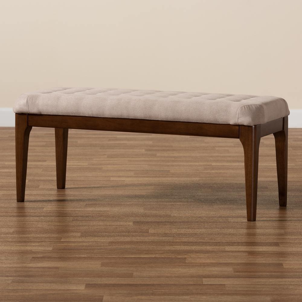 Walsh Mid-Century Modern Beige Fabric Upholstered and Walnut Brown Finished Wood Dining Bench FredCo