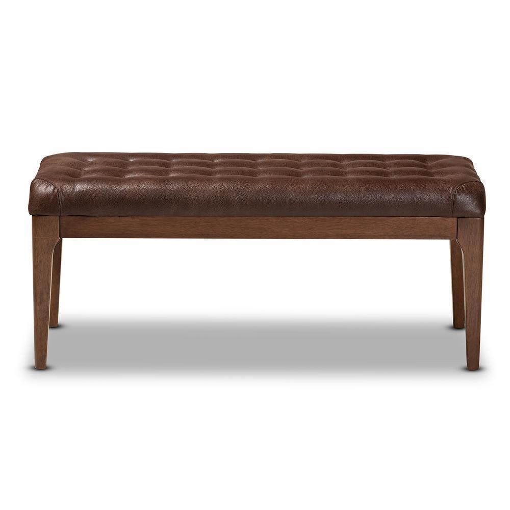 Walsh Mid-Century Modern Dark Brown Leather-Effect Polyester Fabric Upholstered and Walnut Brown Finished Wood Dining Bench FredCo