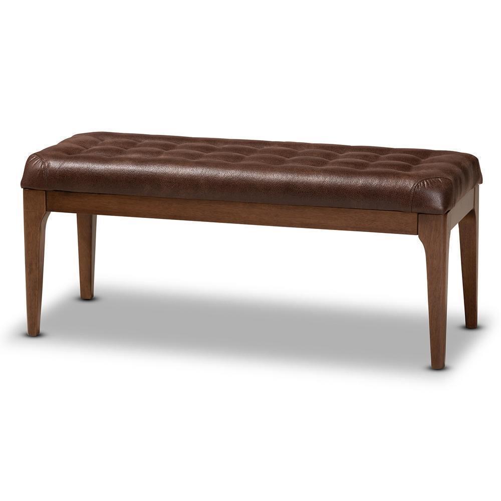 Walsh Mid-Century Modern Dark Brown Leather-Effect Polyester Fabric Upholstered and Walnut Brown Finished Wood Dining Bench FredCo