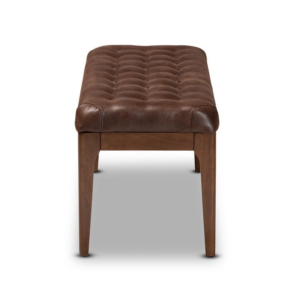 Walsh Mid-Century Modern Dark Brown Leather-Effect Polyester Fabric Upholstered and Walnut Brown Finished Wood Dining Bench FredCo