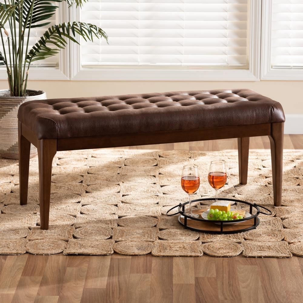 Walsh Mid-Century Modern Dark Brown Leather-Effect Polyester Fabric Upholstered and Walnut Brown Finished Wood Dining Bench FredCo