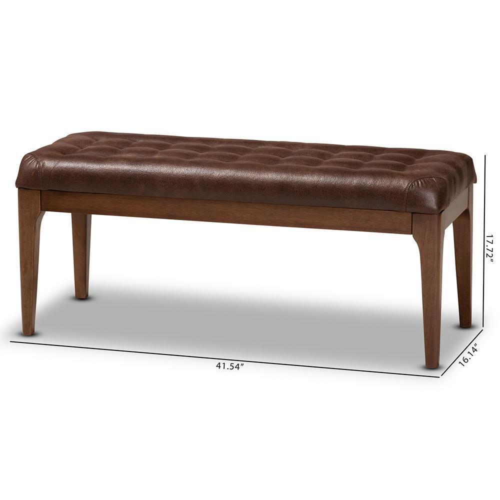 Walsh Mid-Century Modern Dark Brown Leather-Effect Polyester Fabric Upholstered and Walnut Brown Finished Wood Dining Bench FredCo