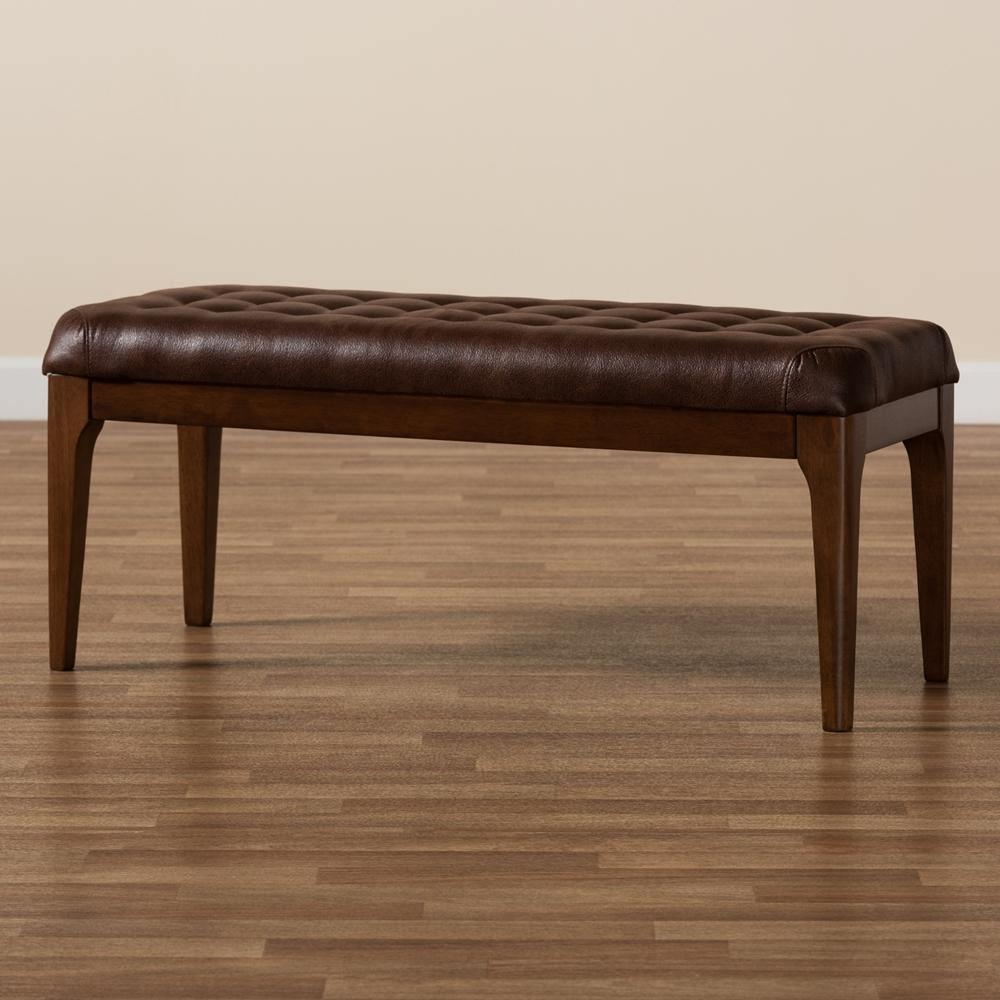Walsh Mid-Century Modern Dark Brown Leather-Effect Polyester Fabric Upholstered and Walnut Brown Finished Wood Dining Bench FredCo