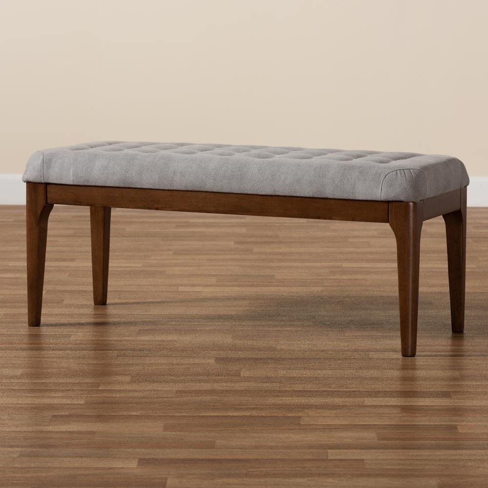 Walsh Mid-Century Modern Grey Fabric Upholstered and Walnut Brown Finished Wood Dining Bench FredCo
