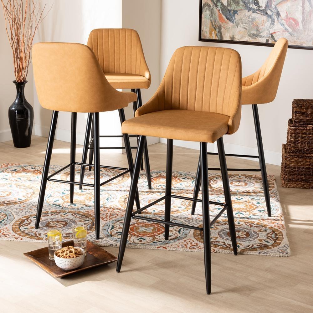 Walter Mid-Century Contemporary Tan Faux Leather Upholstered and Black Metal 4-Piece Bar Stool Set FredCo