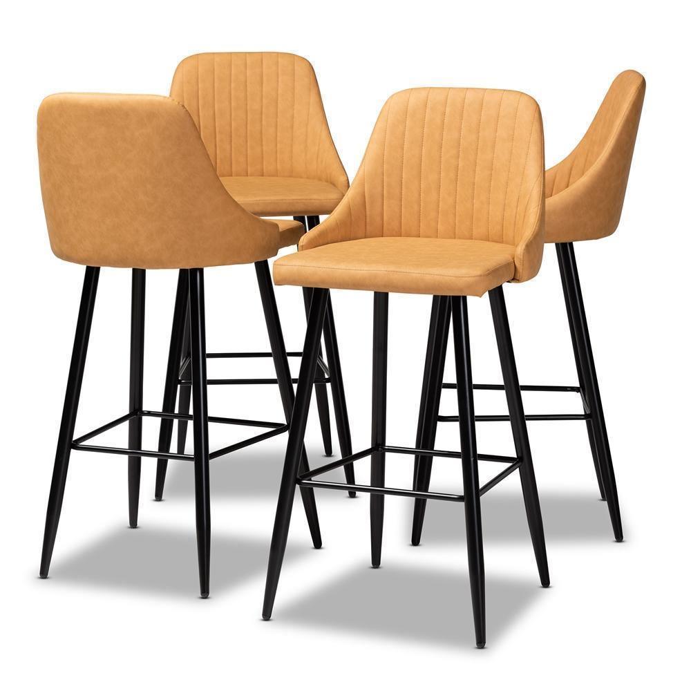 Walter Mid-Century Contemporary Tan Faux Leather Upholstered and Black Metal 4-Piece Bar Stool Set FredCo