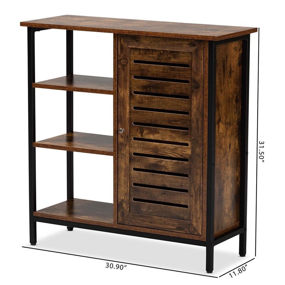 Wayland Modern and Contemporary Rustic Brown Finished Wood and Black Metal 1-Door Shoe Storage Cabinet FredCo