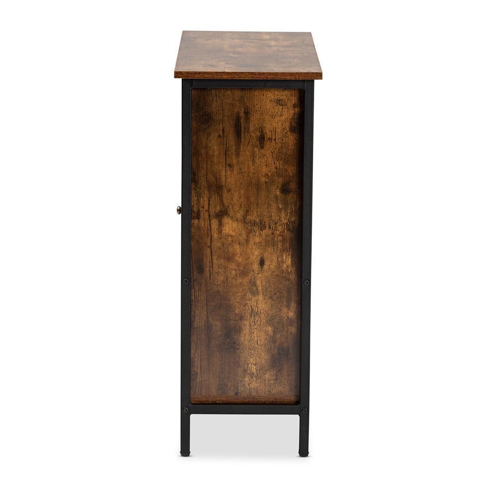 Wayland Modern and Contemporary Rustic Brown Finished Wood and Black Metal 1-Door Shoe Storage Cabinet FredCo