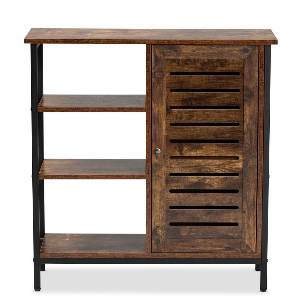 Wayland Modern and Contemporary Rustic Brown Finished Wood and Black Metal 1-Door Shoe Storage Cabinet FredCo