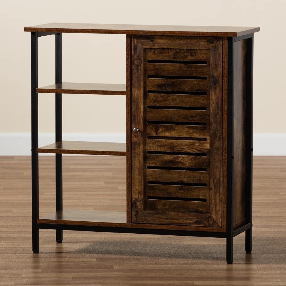 Wayland Modern and Contemporary Rustic Brown Finished Wood and Black Metal 1-Door Shoe Storage Cabinet FredCo