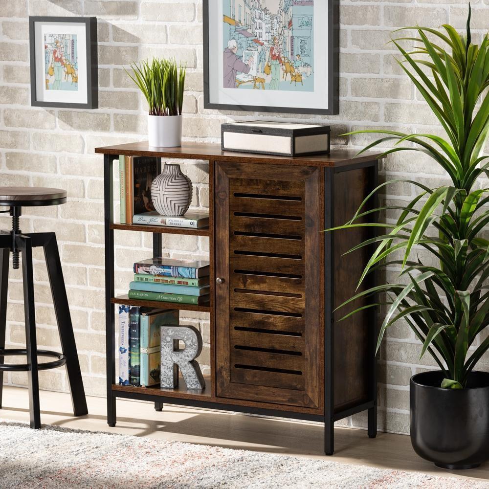 Wayland Modern and Contemporary Rustic Brown Finished Wood and Black Metal 1-Door Shoe Storage Cabinet FredCo