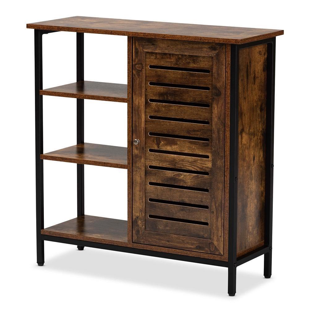 Wayland Modern and Contemporary Rustic Brown Finished Wood and Black Metal 1-Door Shoe Storage Cabinet FredCo
