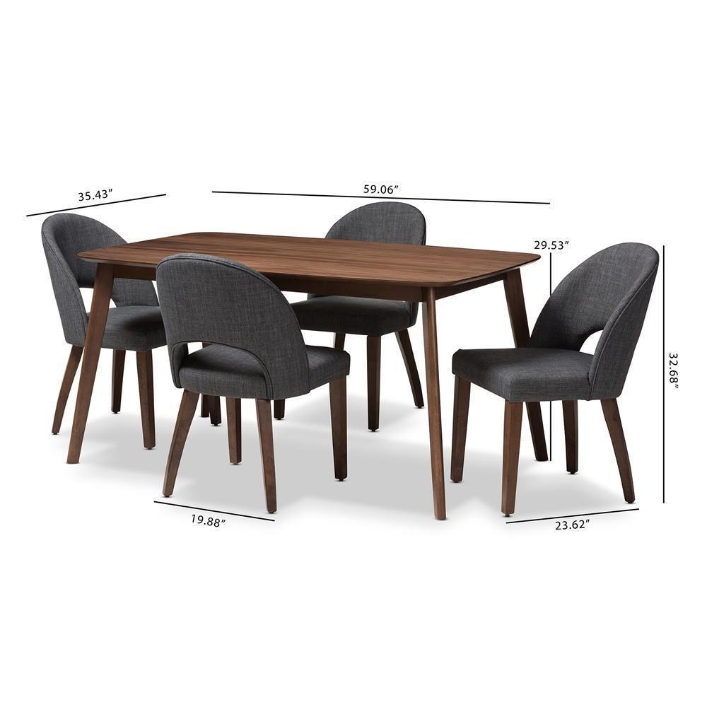 Wesley Mid-Century Modern Dark Grey Fabric Upholstered Walnut Finished Wood 5-Piece Dining Set FredCo