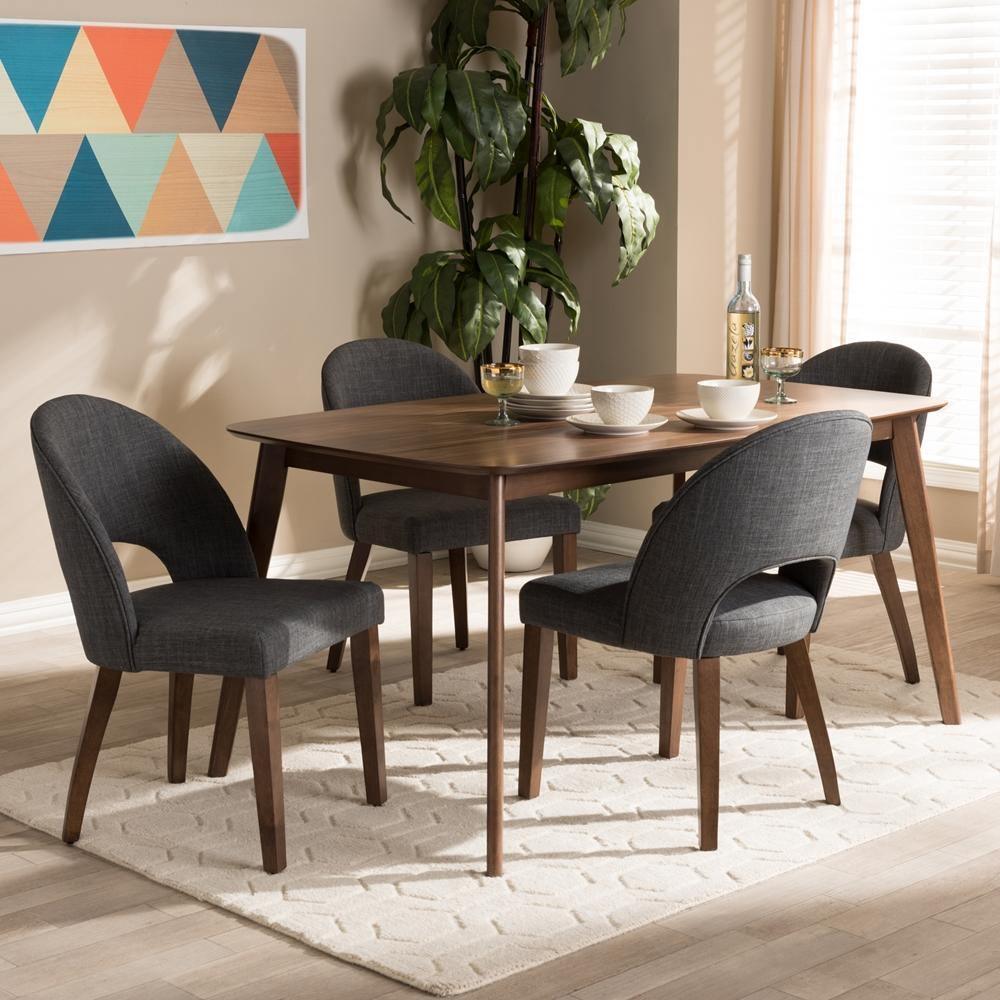 Wesley Mid-Century Modern Dark Grey Fabric Upholstered Walnut Finished Wood 5-Piece Dining Set FredCo