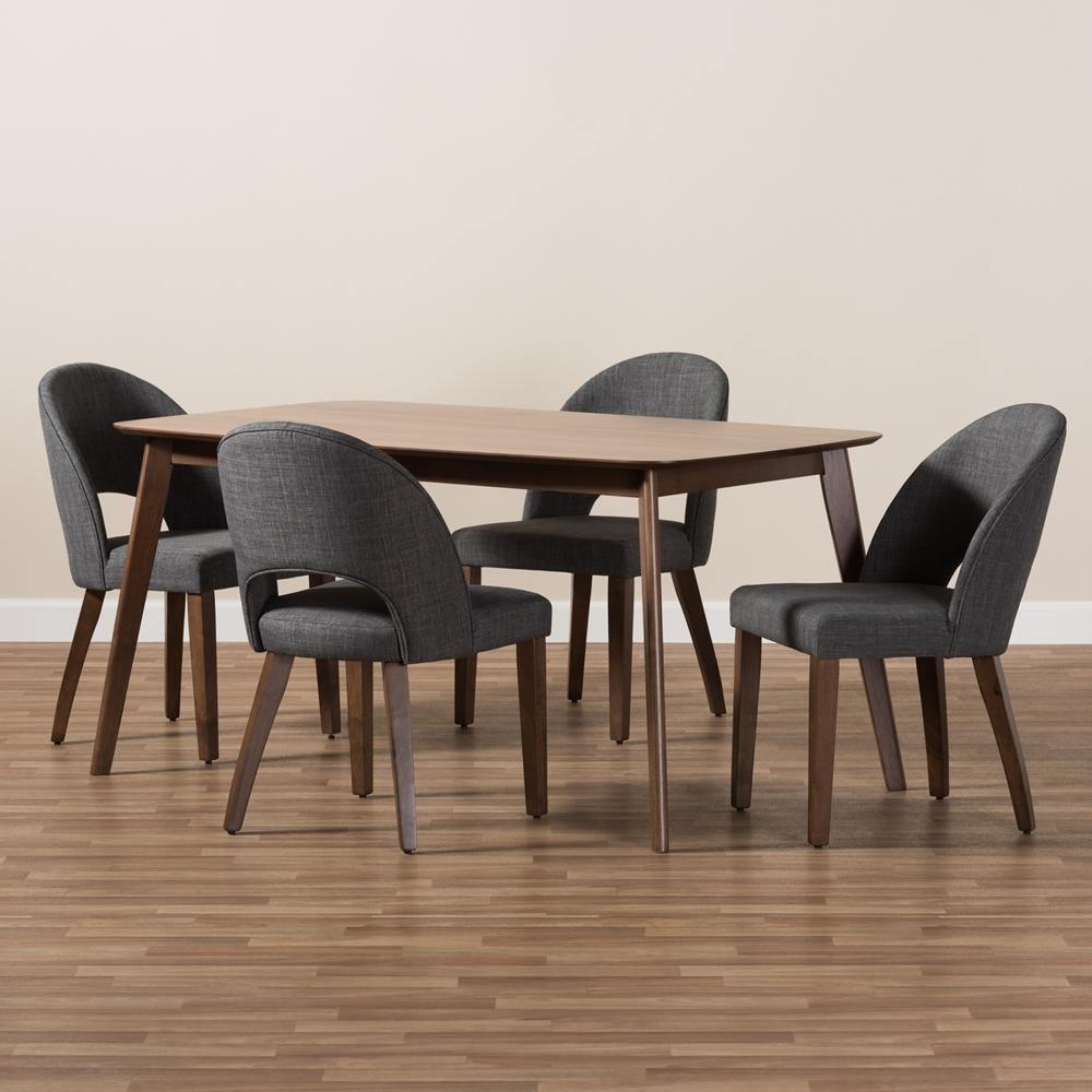 Wesley Mid-Century Modern Dark Grey Fabric Upholstered Walnut Finished Wood 5-Piece Dining Set FredCo