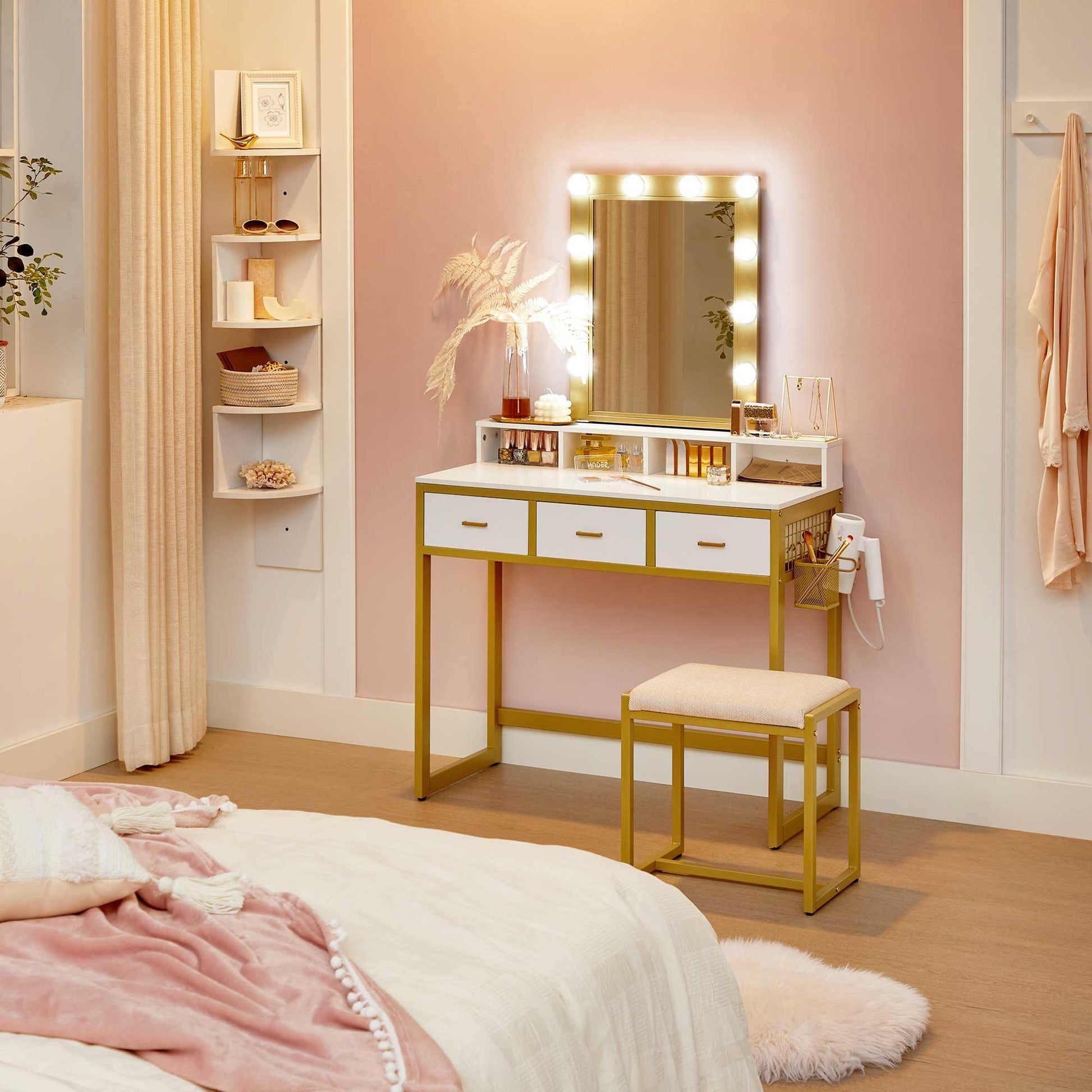 White & Gold Makeup Vanity Set with Mirror & Lights FredCo